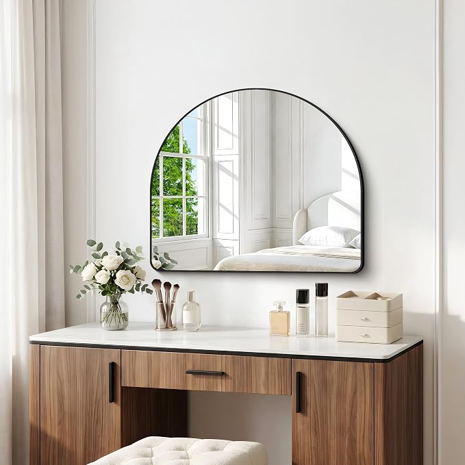 BONEWEI Arched Wall Mirror,36"x30" inch Black Arched Mirror Bathroom,Vanity Mirror for Over Sink Metal Frame,Tempered Glass Arch Mirrors for Bedroom,Entryway,Living Room,Home Decor Shatter-Proof
