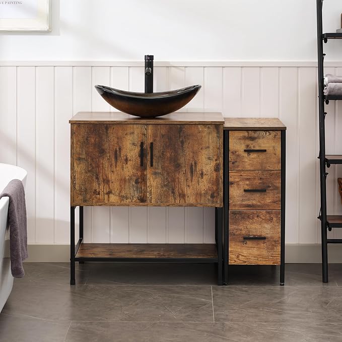 UEV 42" Rustic Brown Bathroom Vanity with Sink Combo,Industrial Iron Frame Bathroom Cabinet Sets with 3 Drawers Side Cabinet,Modern Champagne Boat Tempered Glass Vessel Sink(029CH)