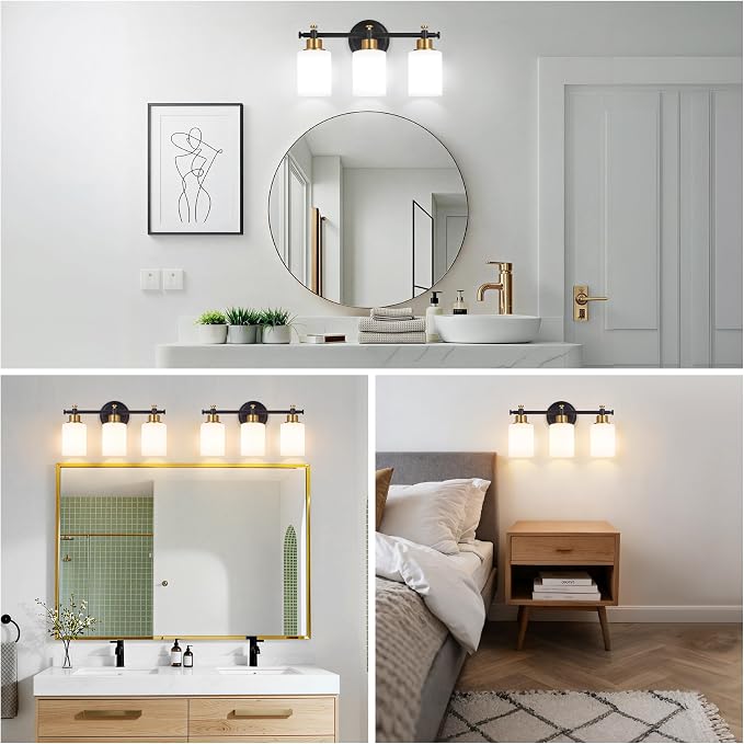 3 Light Bathroom Vanity Light, Black and Gold Vanity Lights for Bathroom | Vanity Light Fixture Over Mirror, Modern Wall Sconce with Milky White Glass Shade, 17.5 In, E26(Bulbs Not Included)