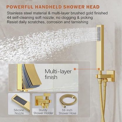 10" Rain Gold Shower System with Handheld & Valve, Brushed Gold | Wall-Mounted High-Pressure Shower Faucet Combo Set, 10-Inch Rain Shower Head with Handheld Spray,Includes Valve and Trim Kit