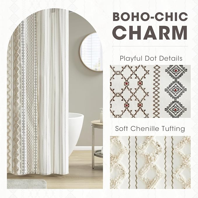 INK+IVY Imani Tufted Chenille 100% Cotton Shower Curtains Machine Washable, Modern Home Bathroom Décor Bathtub Privacy Screen, 72" x 72", Ivory | Machine Washable, Boho Tufted Chenille Modern Home Bathroom Decor, Bathtub Privacy Screen, OEKO-TEX Certified
