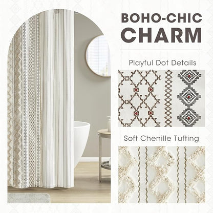 INK+IVY Imani Tufted Chenille 100% Cotton Shower Curtains Machine Washable, Modern Home Bathroom Décor Bathtub Privacy Screen, 72" x 72", Ivory | Machine Washable, Boho Tufted Chenille Modern Home Bathroom Decor, Bathtub Privacy Screen, OEKO-TEX Certified