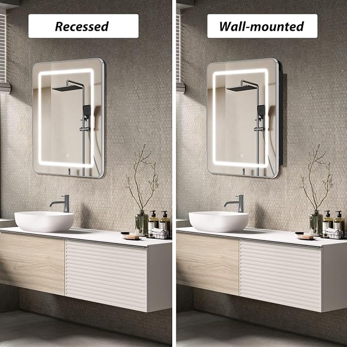 APRILSOUL 24x30 Inch Lighted Bathroom Medicine Cabinet with Mirror, Silver Recessed or Surface Mount Medicine Cabinet Mirror with Storage and LED Lights, 3 Colors Temperature, Dimmable Light