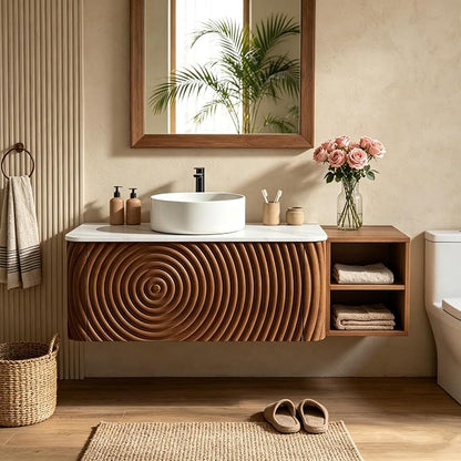 48" Floating Bathroom Vanity with Sink, Mid-Century Wall Mounted Bathroom Vanity Cabinet with Wood Waved Decor,Ceramic Vessel Basin and Sintered Stone Top, Soft Close Drawer, Side Open Cube
