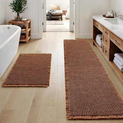 MIULEE Set of 2 Waffle Bathroom Rugs Boho Bath Mat Caramel 17"x24"+17"x48" | Non Slip, Super Absorbent, Washable, Ultra Soft, Rubber Backed, Small Bath Rug and Bathroom Runner for Floor Tub Shower