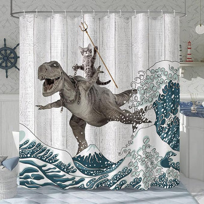 Fungarth Funny Cat Shower Curtain Dinosaur Ocean Sea Wave Shower Curtains for Bathroom Cool Waterproof Fabric Rustic Wooden Farmhouse Bath Curtain Decor with Hooks (Gray1, 72” x 78”)