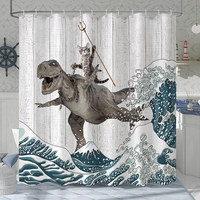 Fungarth Funny Cat Shower Curtain Dinosaur Ocean Sea Wave Shower Curtains for Bathroom Cool Waterproof Fabric Rustic Wooden Farmhouse Bath Curtain Decor with Hooks (Gray1, 72” x 72”)