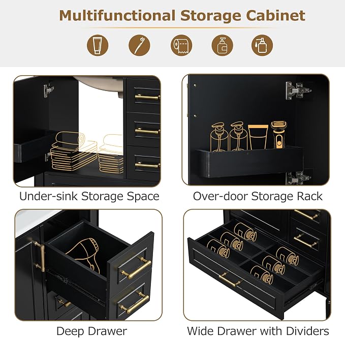 30" Bathroom Vanity with Sink,Free Standing Single Basin Vanity Set w/ 3 Drawers & Soft Closing Door,Solid Wood Frame,Metal Handles,Modern Storage Cabinet for Small Space,Black