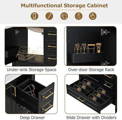 30" Bathroom Vanity with Sink,Free Standing Single Basin Vanity Set w/ 3 Drawers & Soft Closing Door,Solid Wood Frame,Metal Handles,Modern Storage Cabinet for Small Space,Black