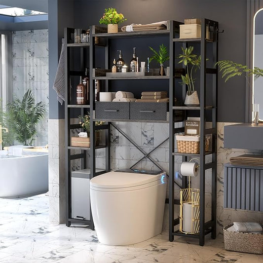Over The Toilet Storage with 2 Drawers - 11 Tier Bathroom Organizer Freestanding Space Saver Storage Rack with Adjustable Shelf Above Toilet Stand with 4 Hooks for Restroom, Laundry, Grey Oak
