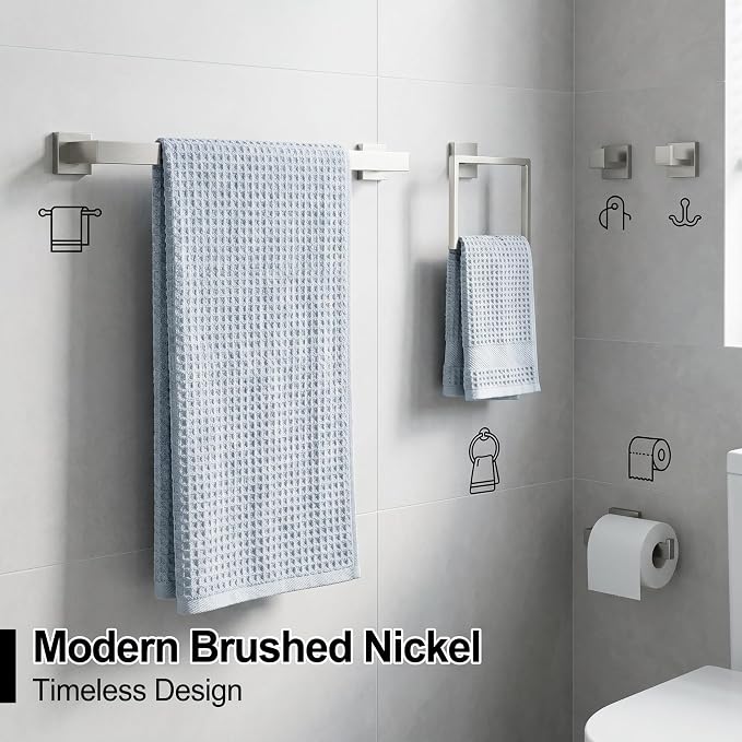 Nevado 5‑Piece Wall Mounted Bathroom Hardware Set | Towel Bar, Toilet Paper Holder, Towel Ring & Robe Hook, Brushed Nickel Bathroom Accessories, 23.6‑Inch Towel Bar