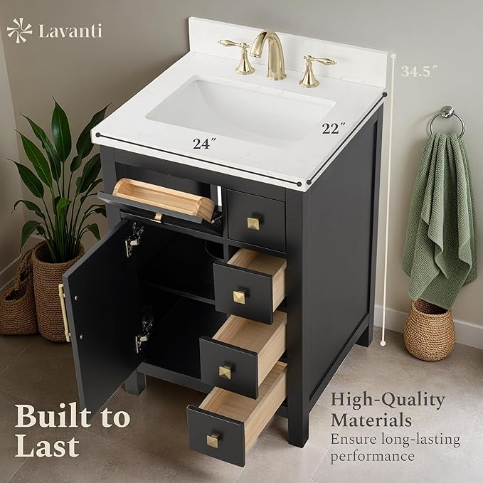 Lavanti Oakford 24 Inch Bathroom Vanity with Sink – Stylish Black Vanity Bathroom with Storage Cabinet – Modern Bathroom Vanities with Single Vanity Sink & Quartz Countertop