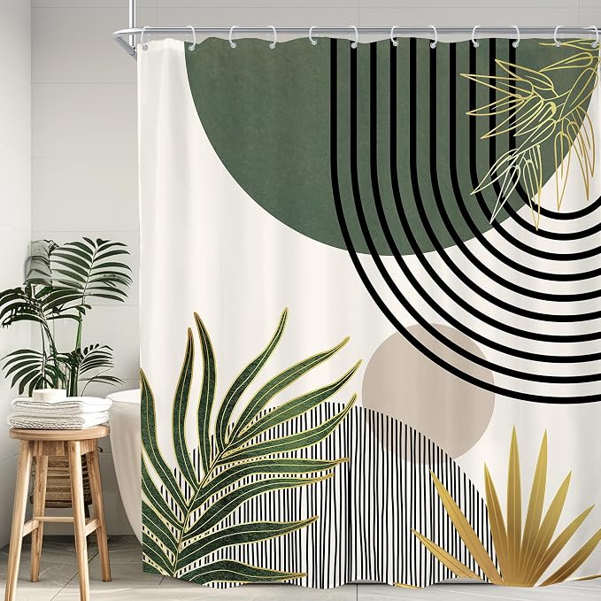 KOMLLEX Mid Century Green Boho Abstract Modern Bathroom Shower Curtain Set | 72Wx78L Gold Plant design, waterproof HD print with fast-drying fabric and 12 hooks.