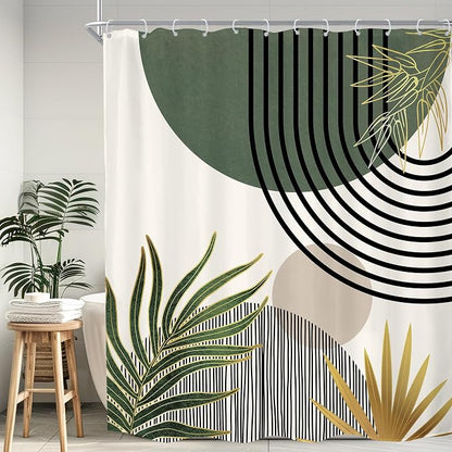 KOMLLEX Mid Century Green Boho Abstract Modern Bathroom Shower Curtain Set | 72Wx78L Gold Plant design, waterproof HD print with fast-drying fabric and 12 hooks.