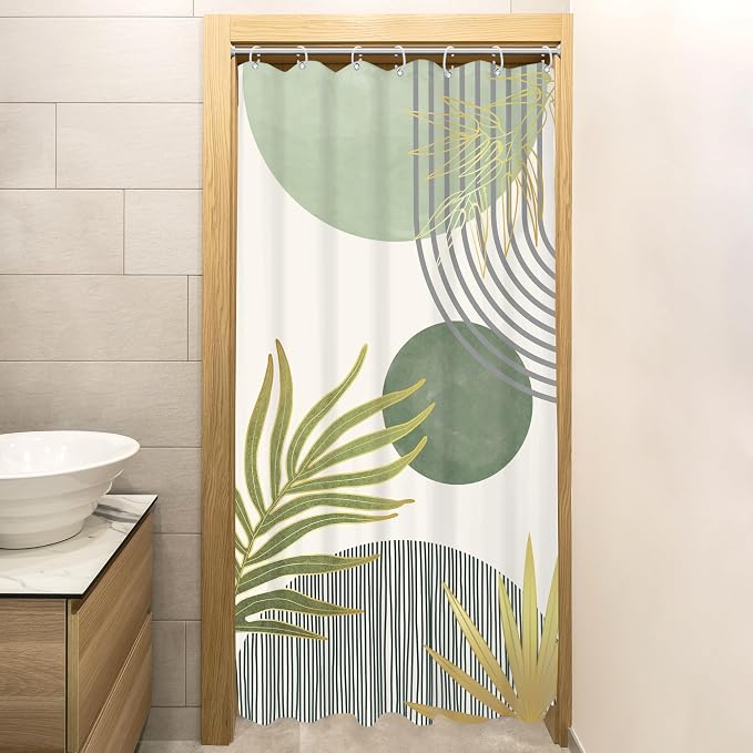KOMLLEX Mid Century Mint Green Boho Small Stall Bathroom Shower Curtain Set | 36Wx72H Half Abstract design, waterproof HD print with fast-drying fabric and 12 hooks.