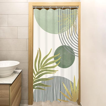 KOMLLEX Mid Century Mint Green Boho Small Stall Bathroom Shower Curtain Set | 36Wx72H Half Abstract design, waterproof HD print with fast-drying fabric and 12 hooks.