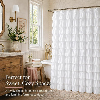White Ruffle Shower Curtain for Bathroom, 72X84, Layered Ruffles Texture | Vintage Chic Farmhouse Style, 72 x 84 Inch, Soft Microfiber, 12 Hook Includ, Machine Washable Fabric, Affordable Luxury Feel