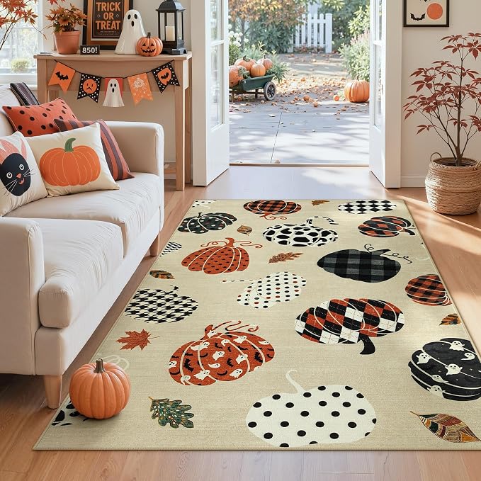 Tribesigns 3x5 Beige Halloween Fall Pumpkin Print Area Rug for Kitchen | Washable Non-Slip Low-Pile Autumn Thanksgiving Rug for Hallway, Entryway, Bedroom, Bathroom, Halloween Home Decor Indoor Rug