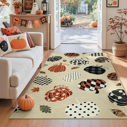 Tribesigns 3x5 Beige Halloween Fall Pumpkin Print Area Rug for Kitchen | Washable Non-Slip Low-Pile Autumn Thanksgiving Rug for Hallway, Entryway, Bedroom, Bathroom, Halloween Home Decor Indoor Rug