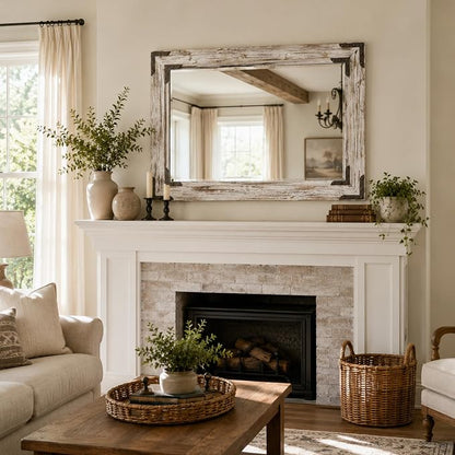 Distressed White 30x40 Inch Wood Bathroom Vanity Mirror, Rivets | Farmhouse style, layered whitewashed grain, larger vanities, dressers, dining areas and entry consoles
