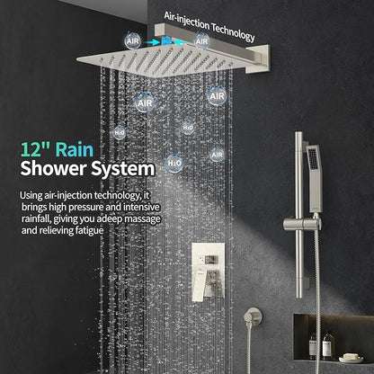 SR SUN RISE 12 Inch Square Shower System, Rain Shower Head and Slide Bar Handheld Shower Faucet Wall Mounted Combo Set Included Valve and Trim Kit for Bathroom, Brushed Nickel