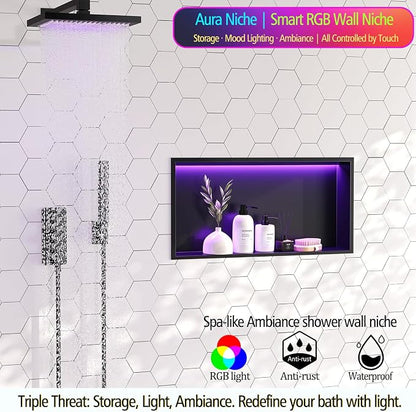 RGB LED Light Shower Niche, Matte Black 24X12 in Stainless Steel Recessed Storage with Remote Control, Waterproof No Tile Needed Wall Niche for Bathroom Storage Built-in Installation