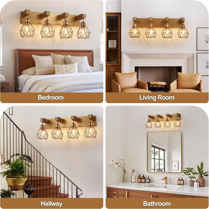 maesta 4 Light Bathroom Vanity Light, Farmhouse Gold Fixture Over Mirror | Farmhouse Bathroom Light Fixtures, Wood & Metal, Anti-Rust, Easy to Install for Rustic Bathroom Hallway