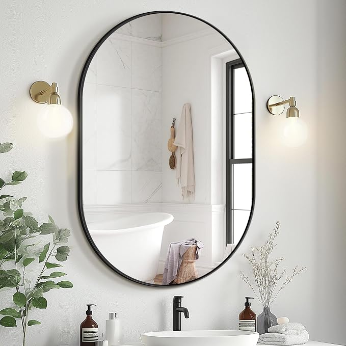 36x24 Black Oval Bathroom Mirror for Over Sink, Aluminum Frame | HD Reflection No Distortion, Aluminum Frame, Mounting Hardware for Vertical or Horizontal Mount