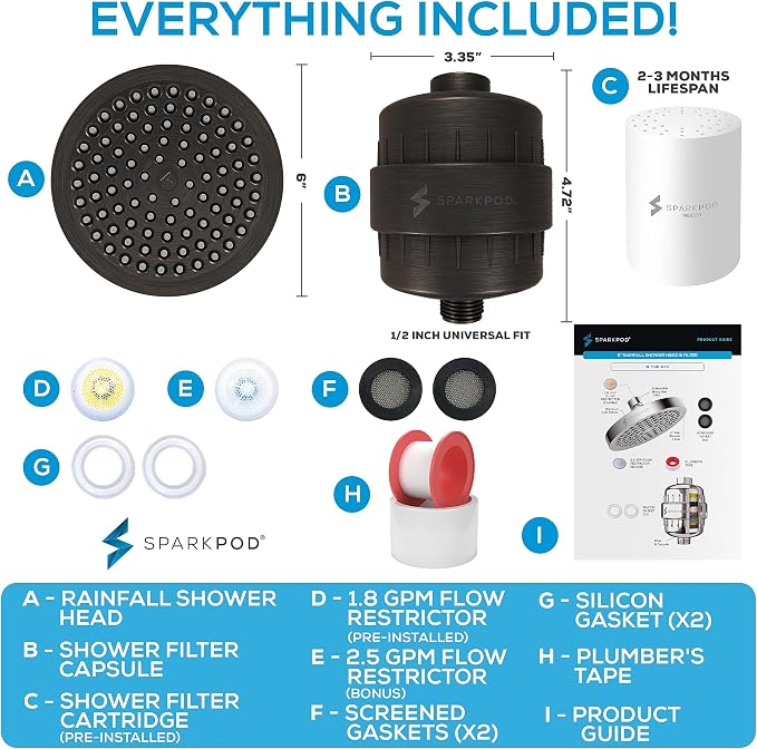 SparkPod Filtered Shower Head, 23-Stage, 6" Round, Oil-Rubbed Bronze | Showerhead for Hard Water, High Pressure, Reduces Chlorine, Heavy Metals, For Dry Skin & Hair, Removable Capsule Filter