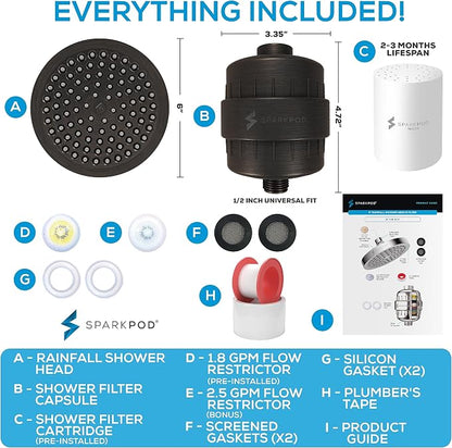 SparkPod Filtered Shower Head, 23-Stage, 6" Round, Oil-Rubbed Bronze | Showerhead for Hard Water, High Pressure, Reduces Chlorine, Heavy Metals, For Dry Skin & Hair, Removable Capsule Filter