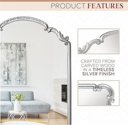 English Estate Carved Arch Wood Wall Mirror, Mirror for Entryway, Living Room, Bathroom, Antique Silver, 20.9x28.9