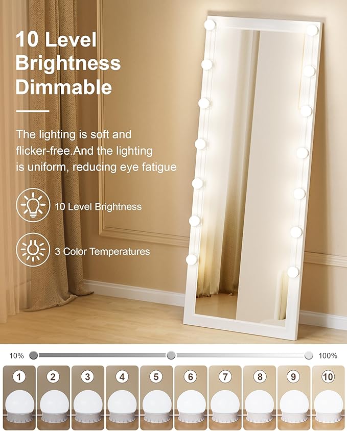 14 Bulbs LED Vanity Lights for Mirror, 3000K 4000K 6500K & 10-Brightness, Wire Length Adjustable, USB Cable, Hollywood Mirror Lights for Makeup Dressing Room Bathroom, White