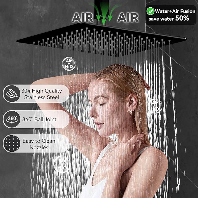 Shower System Matte Black Dual Shower Head with Body Jets, Oupukle Four Modes Shower Faucet Set Ceiling Mount 12" Rain Shower Head & 6" Wall Mounted Head with 6PCS Body Jets