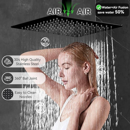 Shower System Matte Black Dual Shower Head with Body Jets, Oupukle Four Modes Shower Faucet Set Ceiling Mount 12" Rain Shower Head & 6" Wall Mounted Head with 6PCS Body Jets