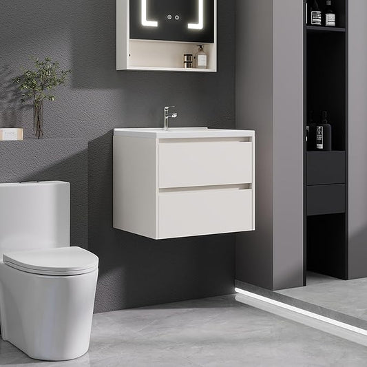 Khaki Floating Bathroom Vanity with Sink, 23x18 Inch Wall Mounted Bathroom Cabinet with 2 Drawers, Modern Single Sink Vanity for Small Bathroom, Space-Saving Storage Cabinet