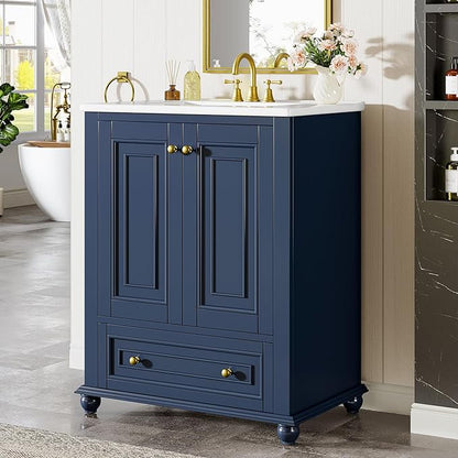 Tribesigns 24" Bathroom Vanity with Ceramic Sink Combo, Freestanding Bathroom Storage Vanity Cabinet with 2 Doors & 1 Drawer, Solid Wooden Frame & Coated Surface, Metal Handle, Navy Blue