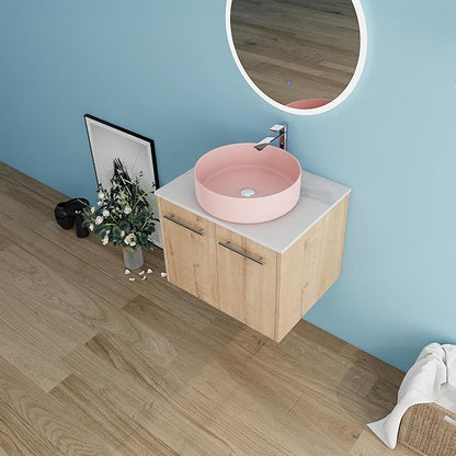 24" Floating Vanity with Sink, 24 Inch Bathroom Vanity with Sink, Modern Plywood Floating Cabinet with Sintered Stone Countertop and Pink Ceramic Basin, Soft Close Doors