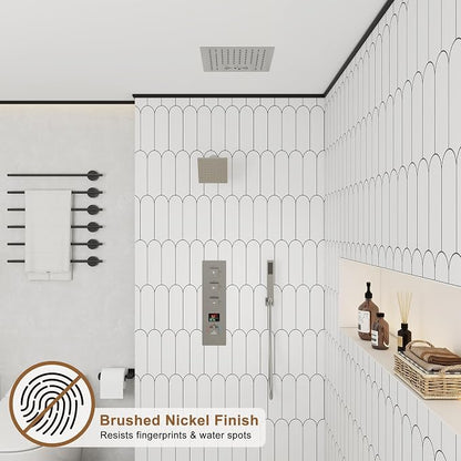 CASAINC Thermostatic Shower System 12" Ceiling-Mounted Rain Shower Head with 6" Shower Head, Smart Shower System with Handheld Spray, LED Light & Music, Water Temperature Display (Brushed Nickel)