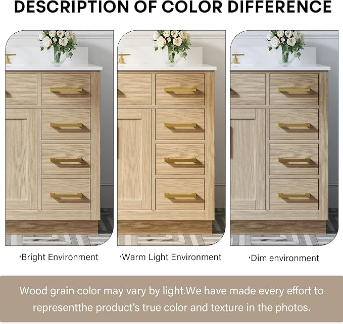 48-Inch Bathroom Vanity with Sink W/ 2 Doors & 8 Drawers & 1 Flip Drawer, Oak Vanity W/Brushed Gold Handles