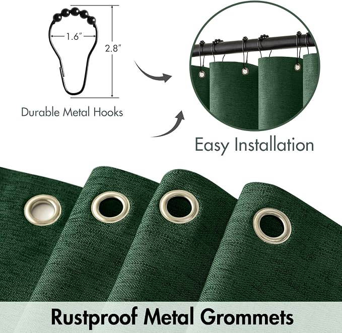MIULEE Linen Fabric Shower Curtain Dark Green W72*L72 12 Metal Hooks | Washable, Modern, Heavy Duty, Shower Curtain Set, Waterproof Thick Cloth Shower Curtains, Bathroom Bathtub