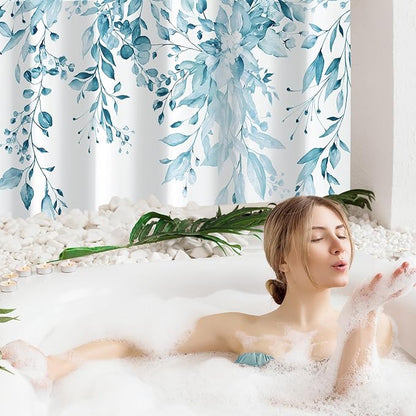Spa Blue Eucalyptus Shower Curtain, Watercolor Floral Print, 36x72 | Watercolor Plant Leaves Floral Print, Waterproof Fabric Bathroom Decor, Machine Washable, Rustproof Grommets