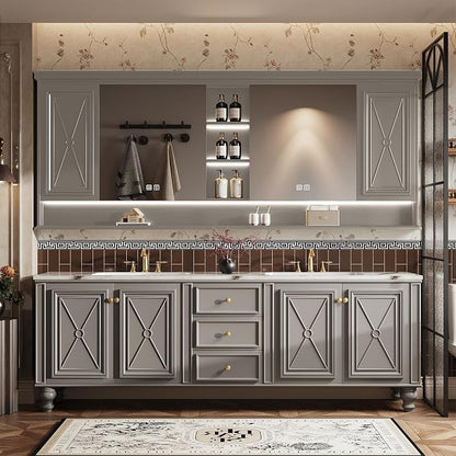 Double Sink Bathroom Vanity, Luxurious Bathroom Vanity with LED Smart Defog Mirror, Solid Freestanding Wood Vanity Sink Cabinet