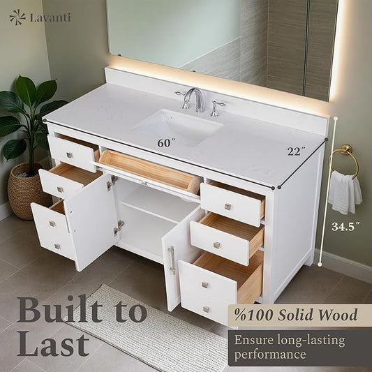 Lavanti Oakford 60 Inch Bathroom Vanity with Sink – Stylish White Vanity Bathroom with Storage Cabinet – Modern Bathroom Vanities with Single Vanity Sink & Quartz Countertop