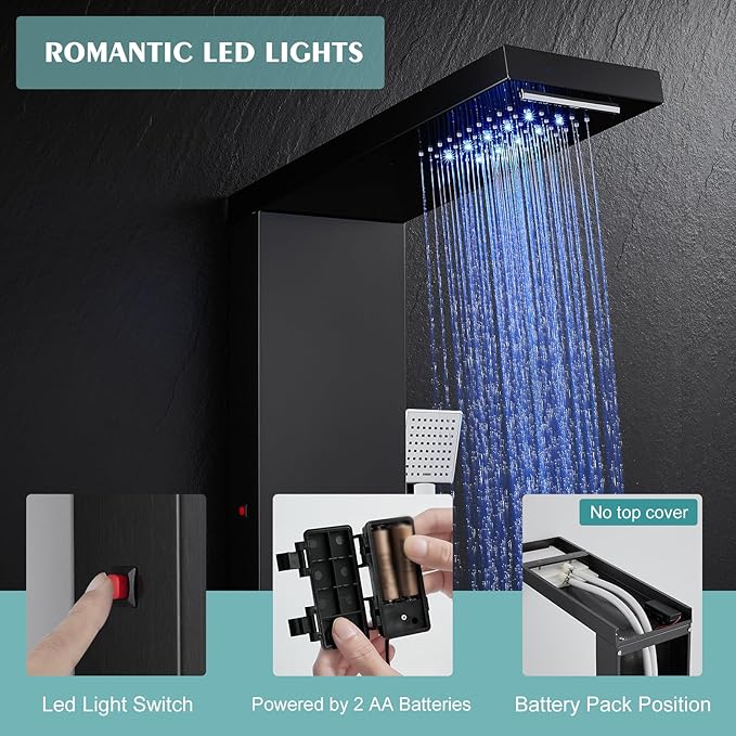 LED Shower Panel Tower System Black with Rainfall Waterfall Shower Head, 5-in-1 Shower Tower with Powerful Body Jets, Handheld Shower and Tub Spout, High Pressure Shower Column Stainless Steel