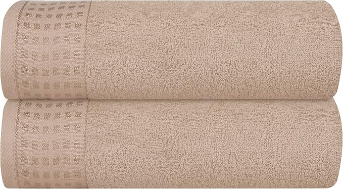 GLAMBURG 100% Cotton 2 Pack Oversized Bath Towel Set 28x55 Inches, Ultra Soft Highly Absorbant Compact Quickdry & Lightweight Large Bath Towels, Ideal for Gym Travel Camp Pool - Tan