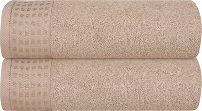 GLAMBURG 100% Cotton 2 Pack Oversized Bath Towel Set 28x55 Inches, Ultra Soft Highly Absorbant Compact Quickdry & Lightweight Large Bath Towels, Ideal for Gym Travel Camp Pool - Tan