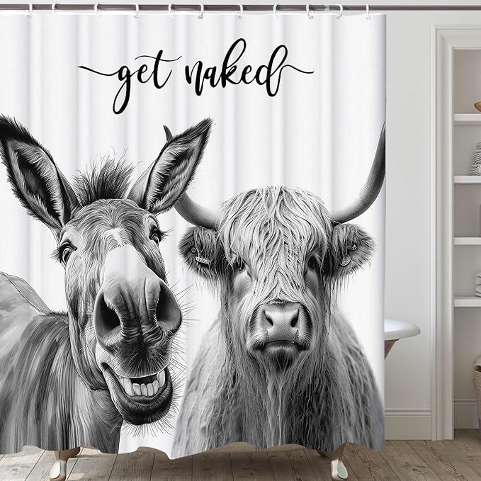 Funny Farmhouse Shower Curtain,Grey Donkey with Cow Get Naked Waterproof Shower Curtain with Hooks, Farm Animal Fabric Shower Curtains for Bathroom Decor 72X72inches