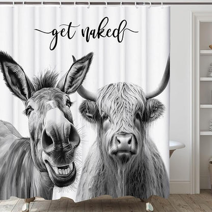 Funny Farmhouse Shower Curtain,Grey Donkey with Cow Get Naked Waterproof Shower Curtain with Hooks, Farm Animal Fabric Shower Curtains for Bathroom Decor 72X72inches