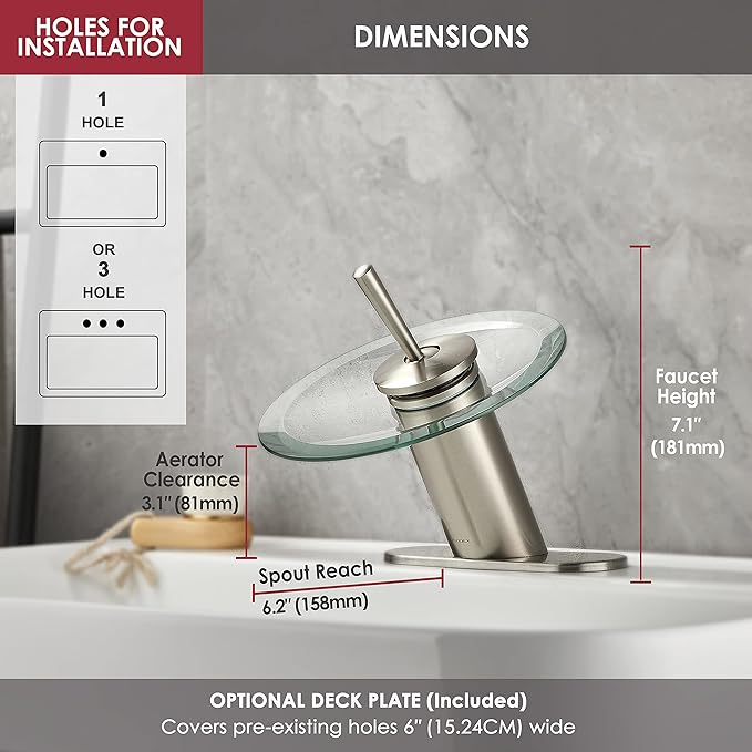 Waterfall Bathroom Sink Faucet Unique Brass Modern Circle Glass Waterfall Faucet for Basin Vanity Single Hole Pedestal Sink Faucets One Handle Corner Sink Bathroom Faucet, Brushed Nickel