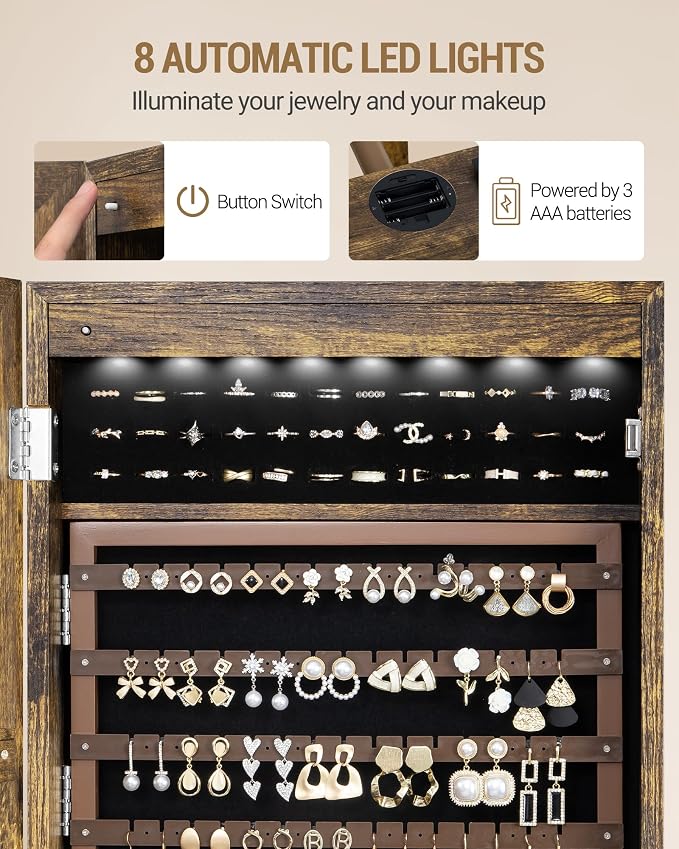 Hzuaneri 8 LEDs Jewelry Cabinet Armoire, 66.9-inch Jewelry Organizer | Lockable Full-length Mirror with Garment Rack & 4 Wheels, Storage Shelves with Hooks, 5-in-1, Toasted Oak JC17007B